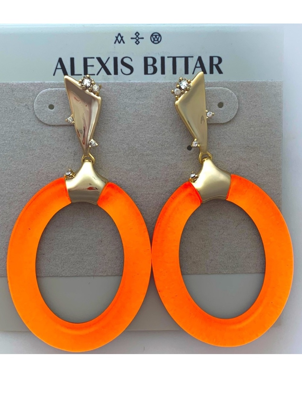 ALEXIS BITTAR • Rare Neon Orange Lucite Liquid Gold Crystal Post Hoop Earrings